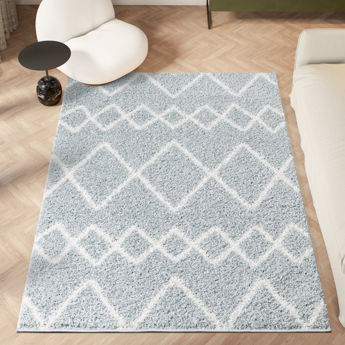 Shaggy Rug Lined Herringbone Duckegg / Ivory