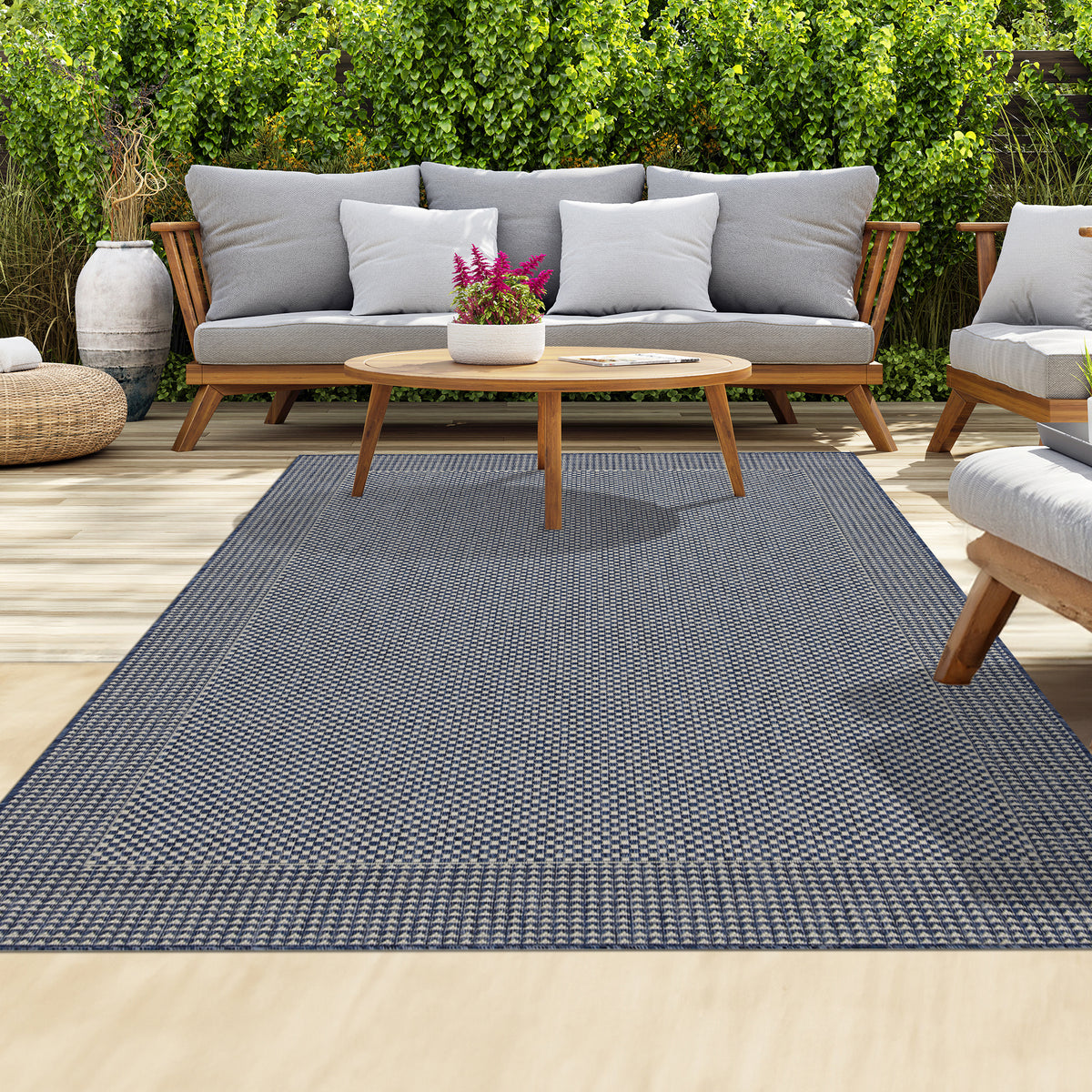 Outdoor Rugs Plain Collection Dark Blue Cream