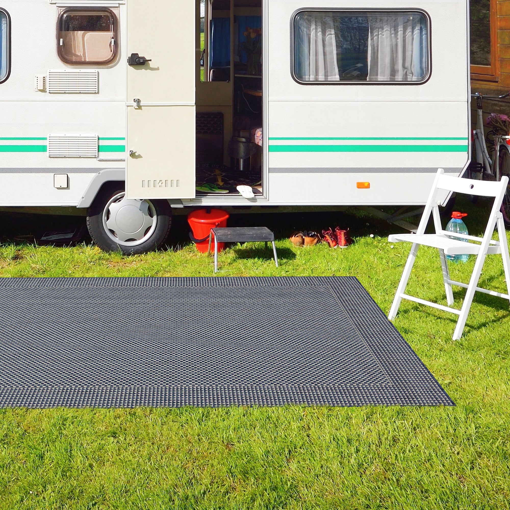 Outdoor Rugs Plain Collection Dark Blue Cream