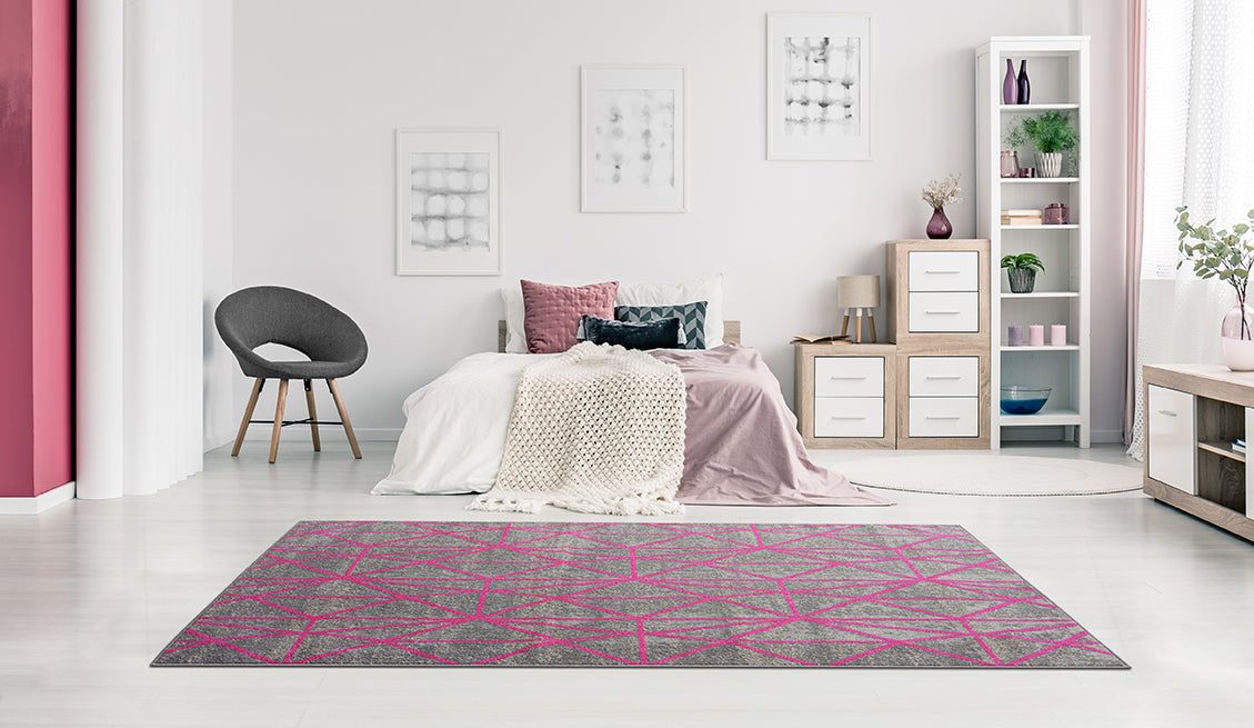 Living Room Rug Geometric Collection Grey Dark Pink