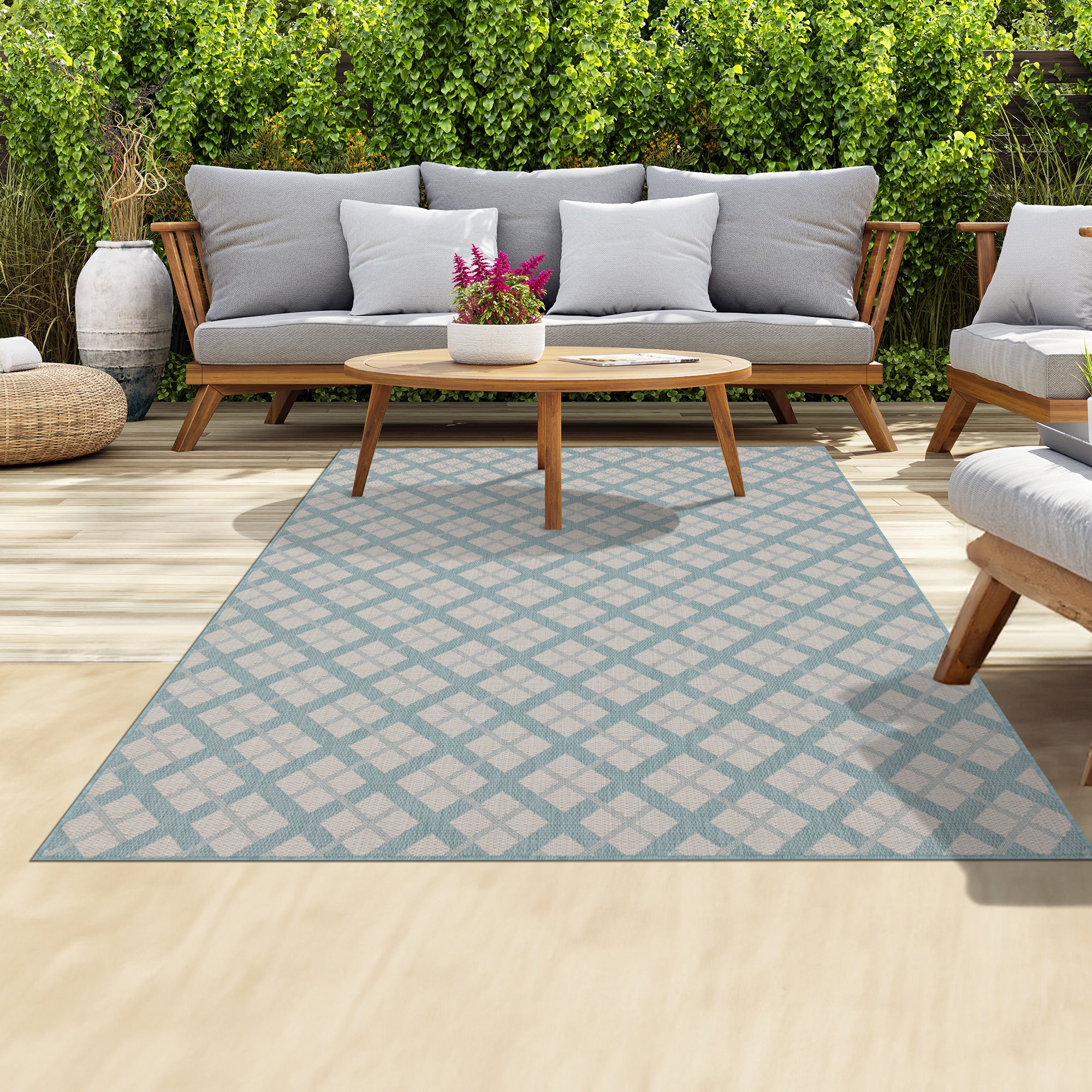 Outdoor Rugs Lined Collection Aqua Cream