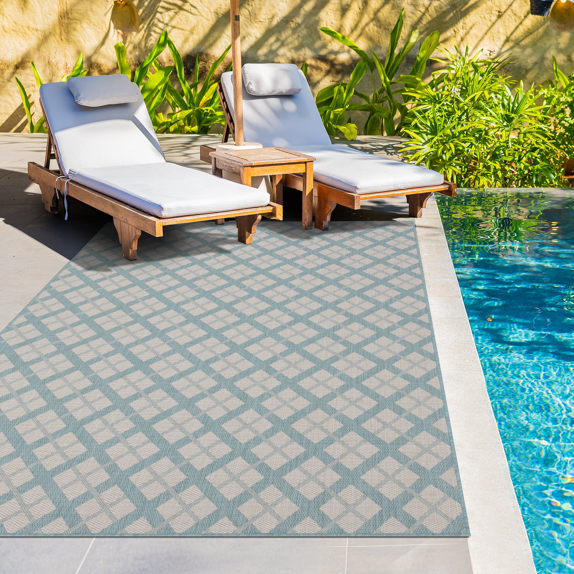 Outdoor Rugs Lined Collection Aqua Cream