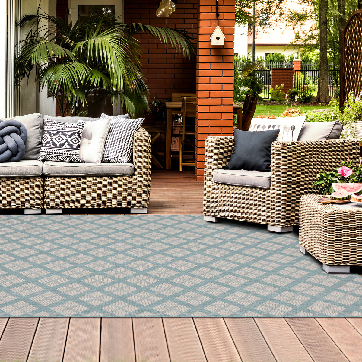 Outdoor Rugs Lined Collection Aqua Cream