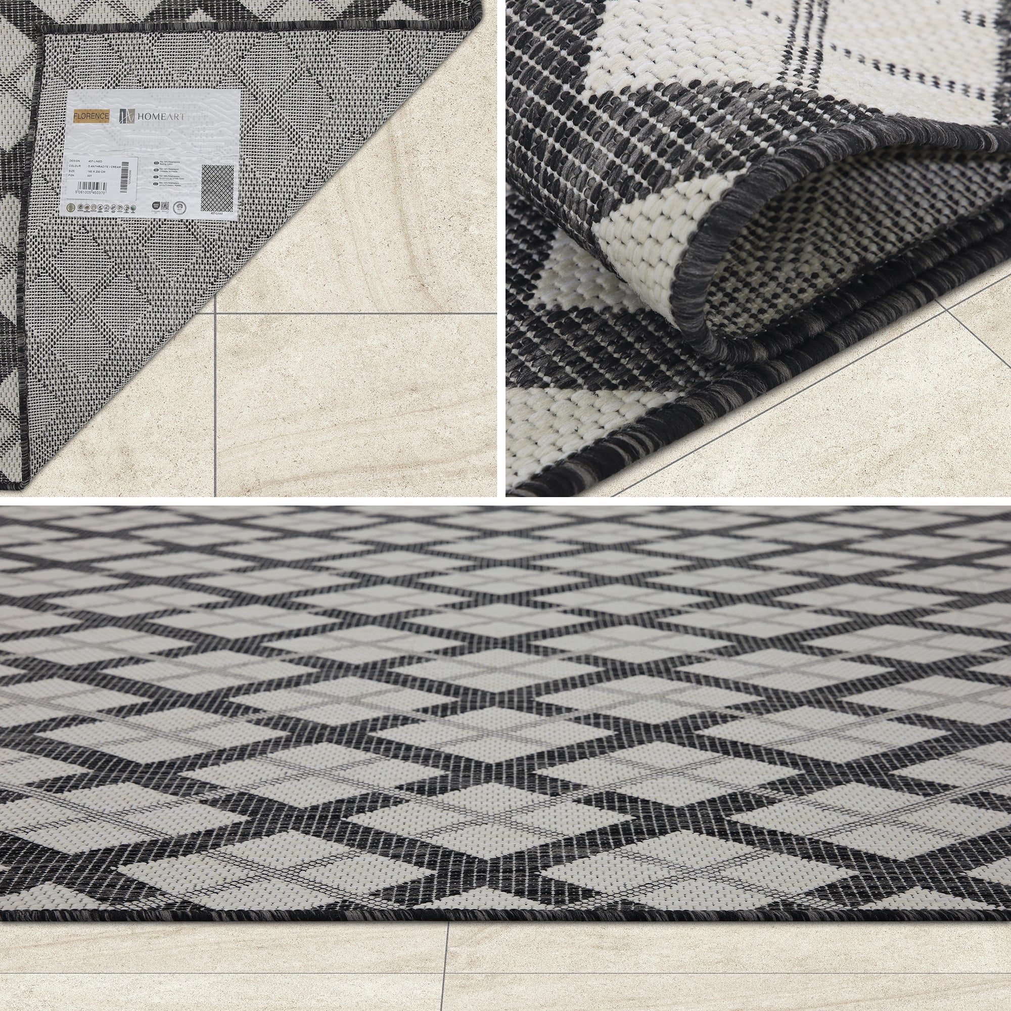 Outdoor Rugs Lined Collection Anthracite Cream