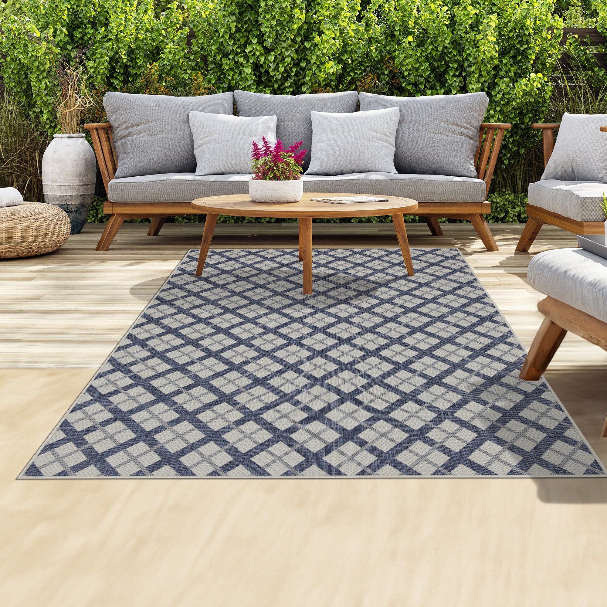 Outdoor Rugs Lined Collection Dark Blue Cream