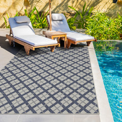 Outdoor Rugs Lined Collection Dark Blue Cream