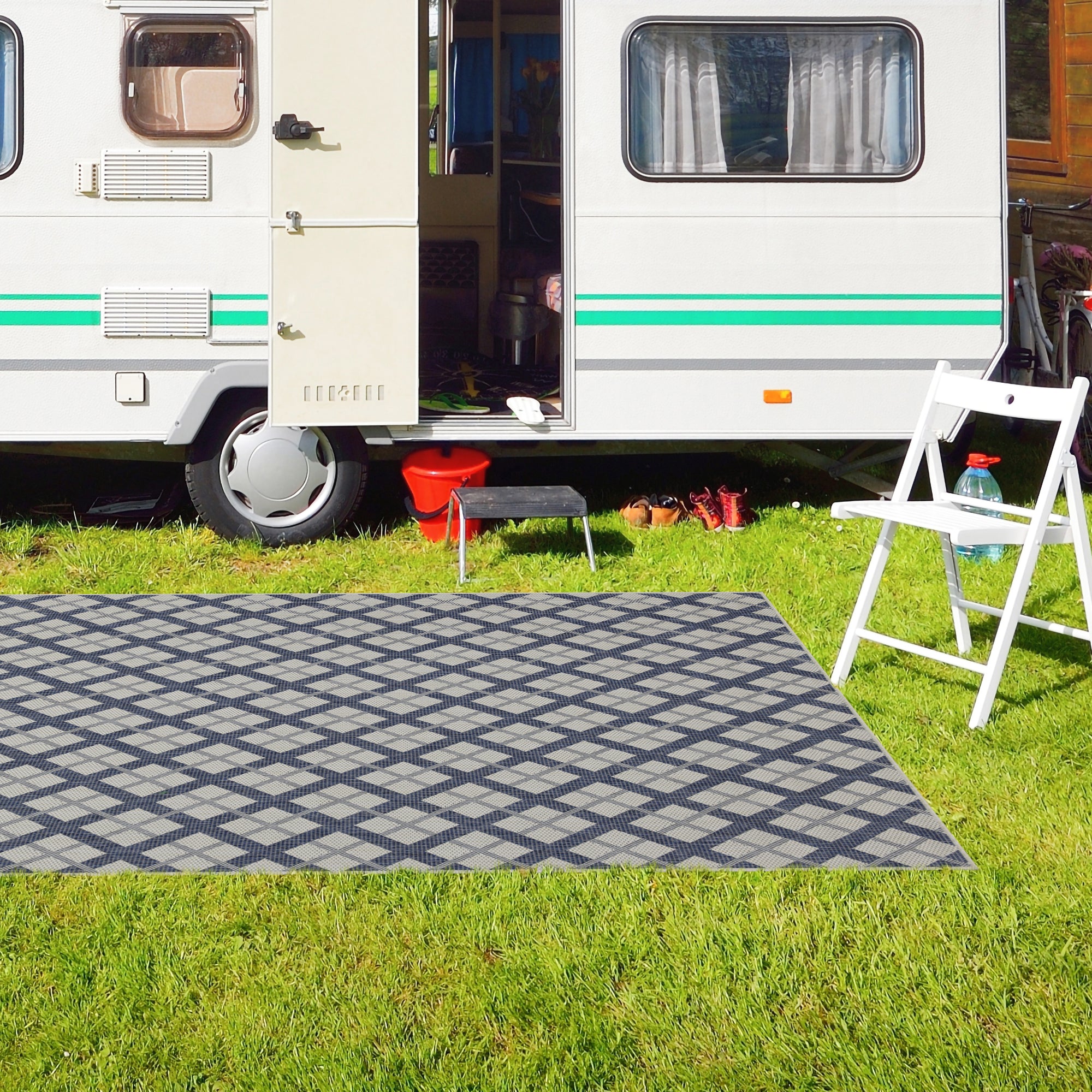 Outdoor Rugs Lined Collection Dark Blue Cream