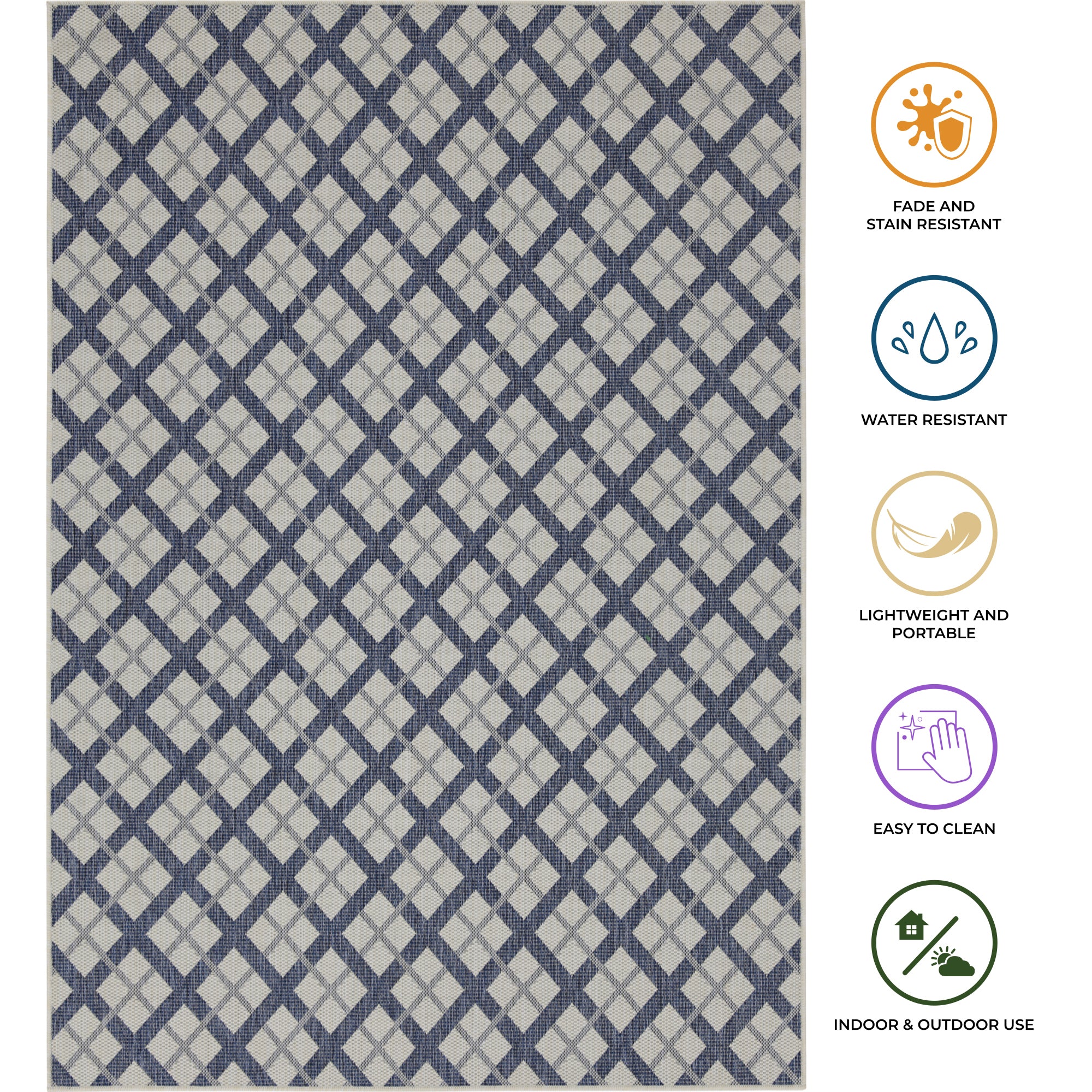 Outdoor Rugs Lined Collection Dark Blue Cream