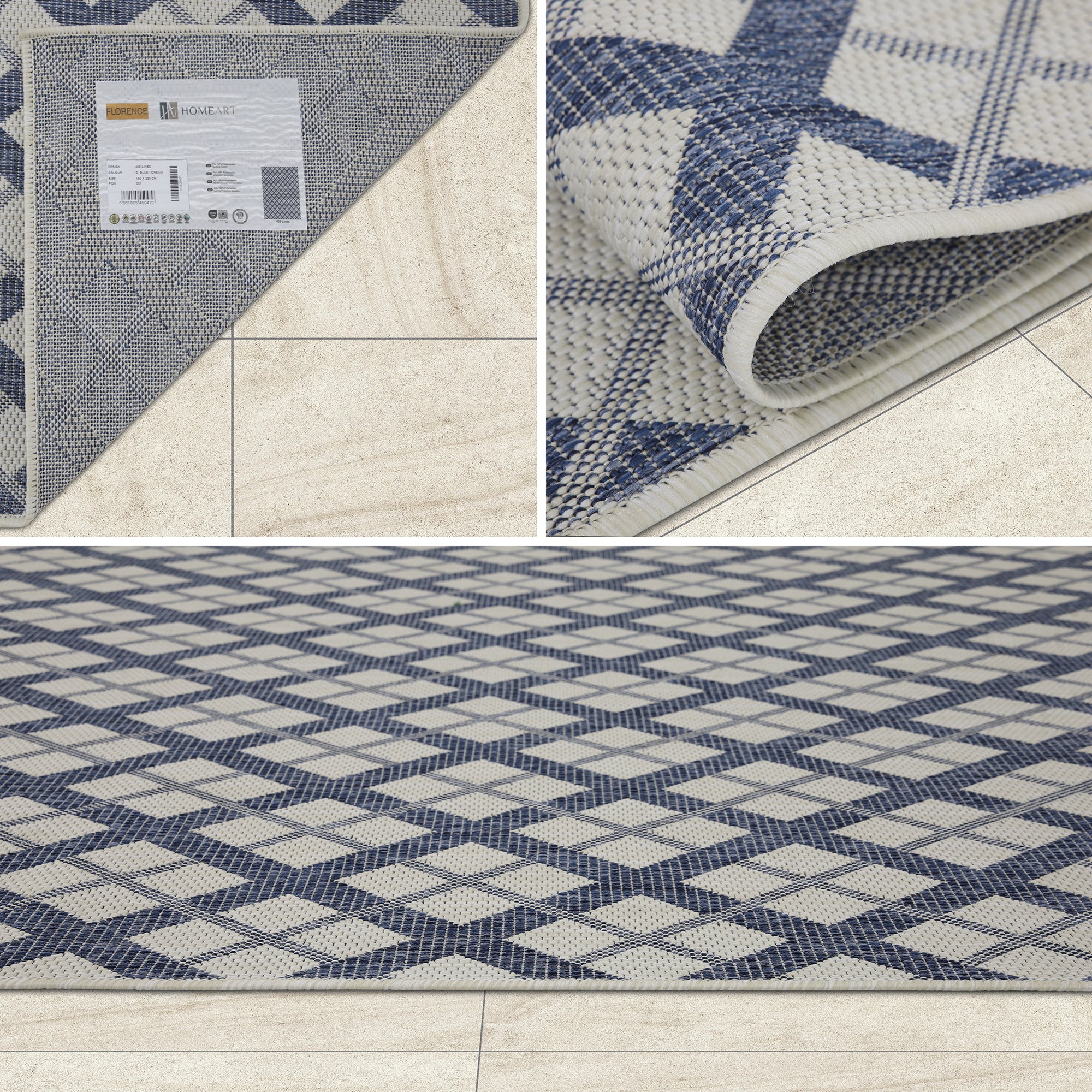 Outdoor Rugs Lined Collection Dark Blue Cream