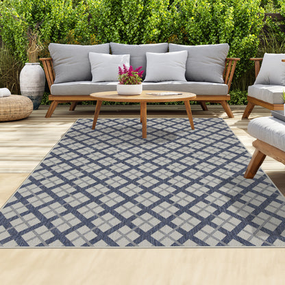 Outdoor Rugs Lined Collection Dark Blue Cream