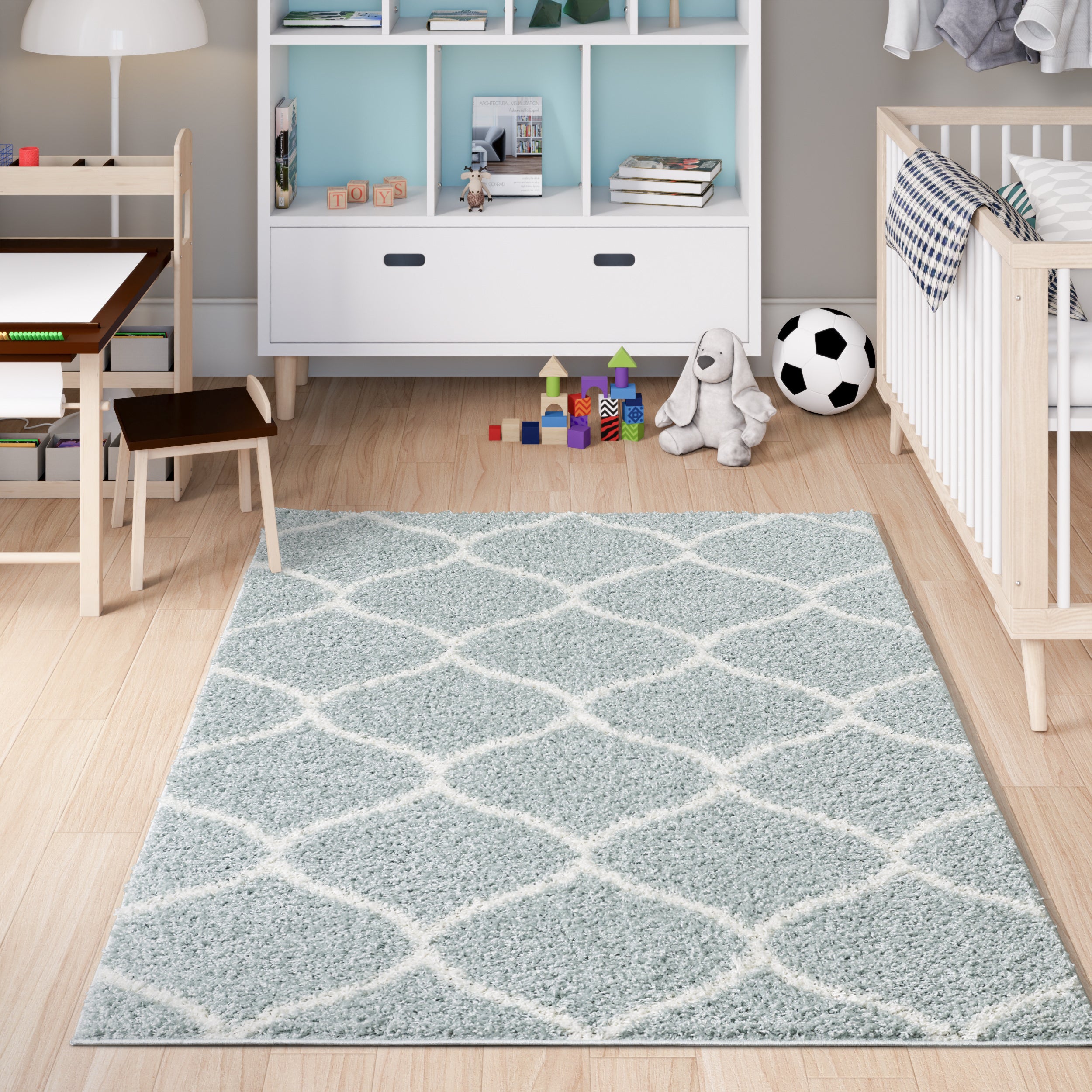 Shaggy Rug Lined Herringbone Duckegg / Ivory