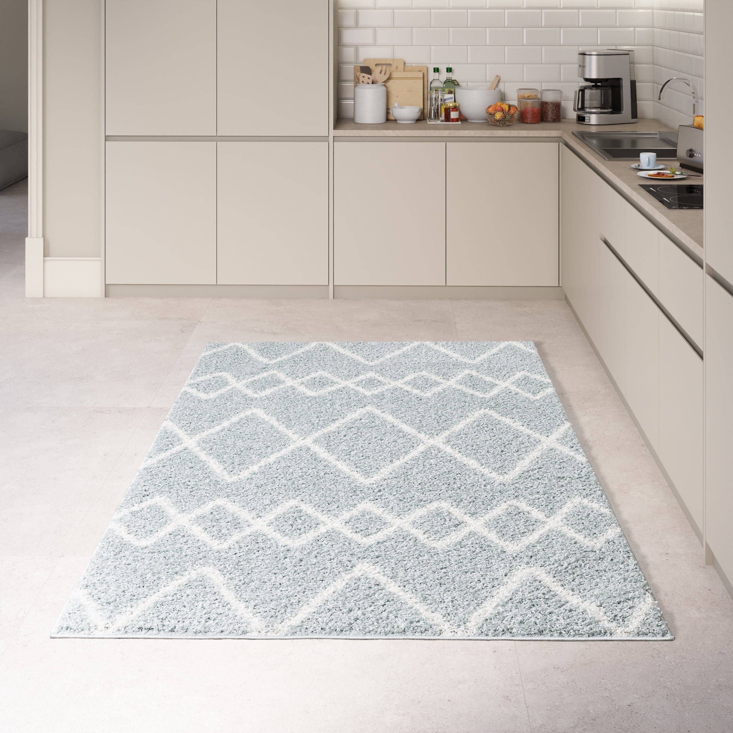 Shaggy Rug Lined Herringbone Duckegg / Ivory