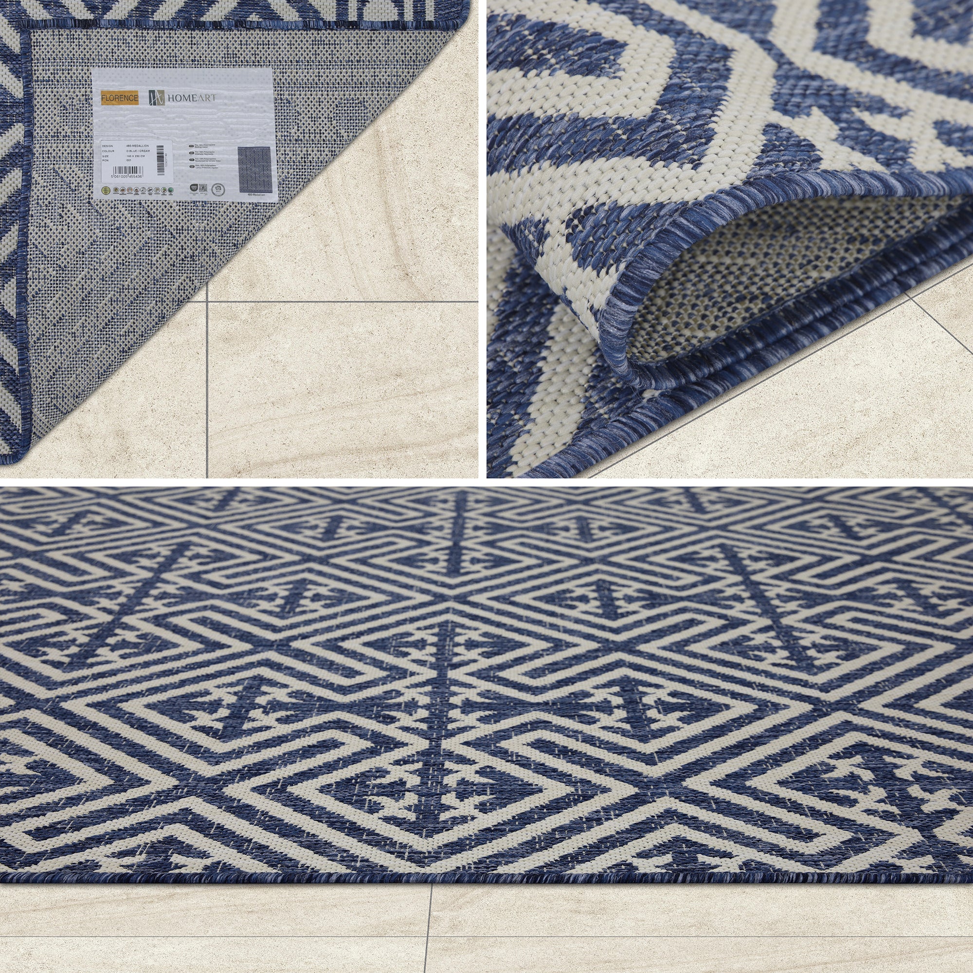 Outdoor Rugs Medallion Collection Dark Blue Cream