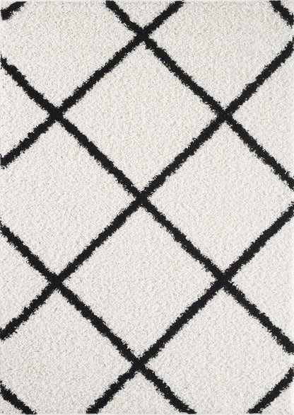 Shaggy Rug Lined Diamond White Black Line