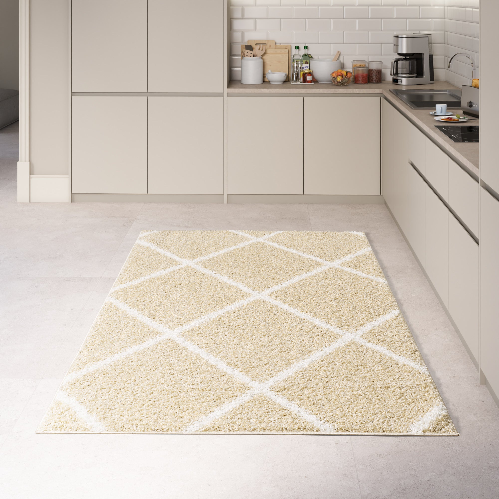 Shaggy Rug Lined Diamond Beige/Ivory