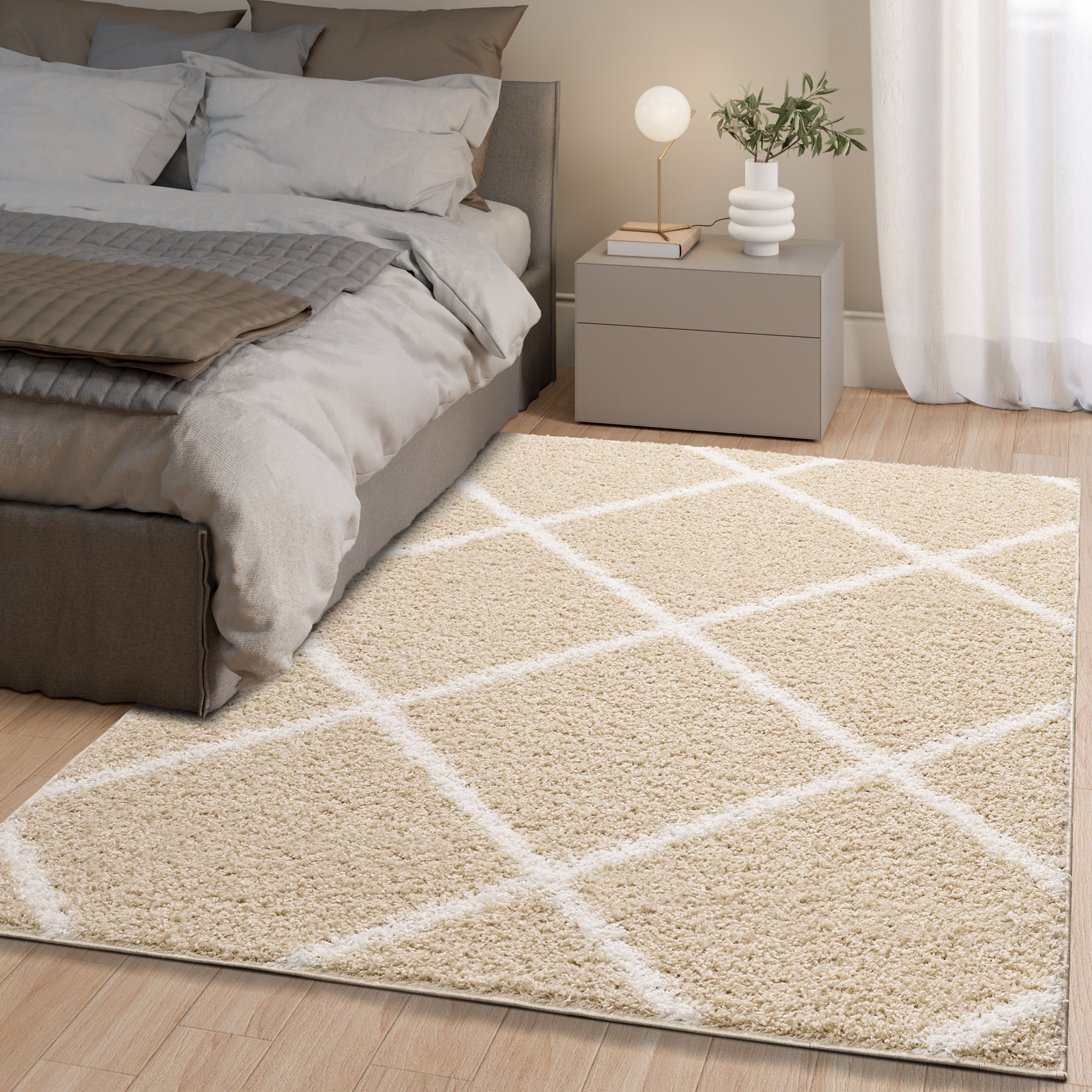 Shaggy Rug Lined Diamond Beige/Ivory