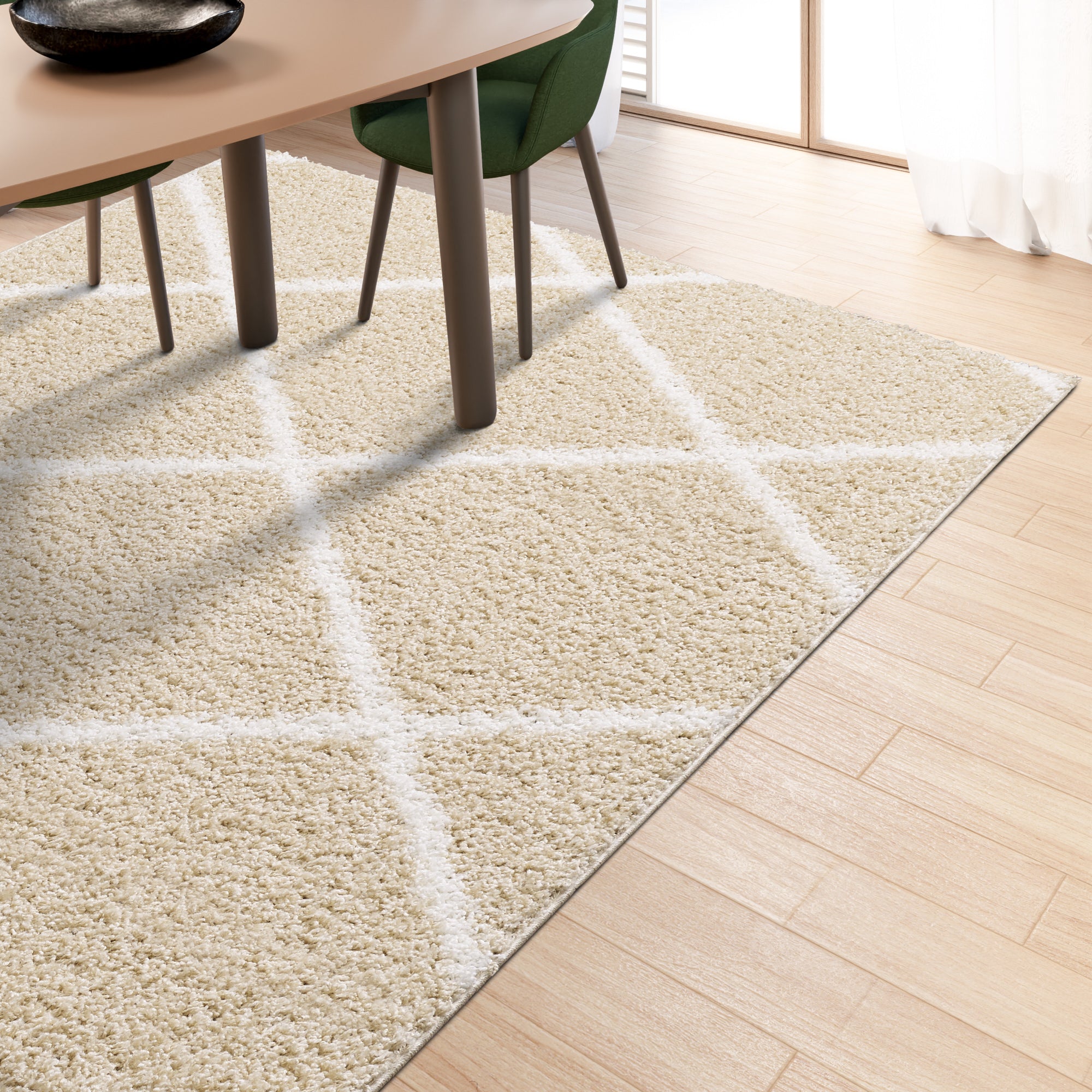 Shaggy Rug Lined Diamond Beige/Ivory