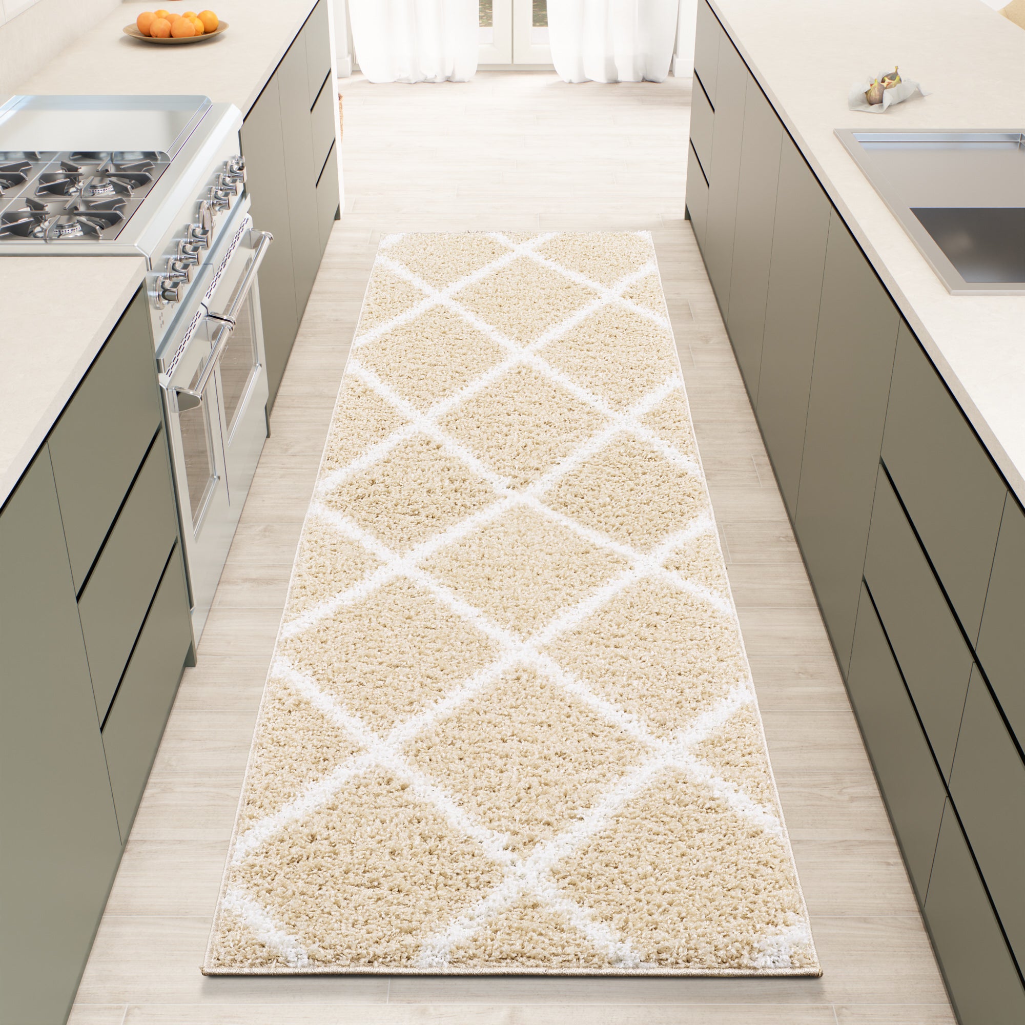 Shaggy Rug Lined Diamond Beige/Ivory