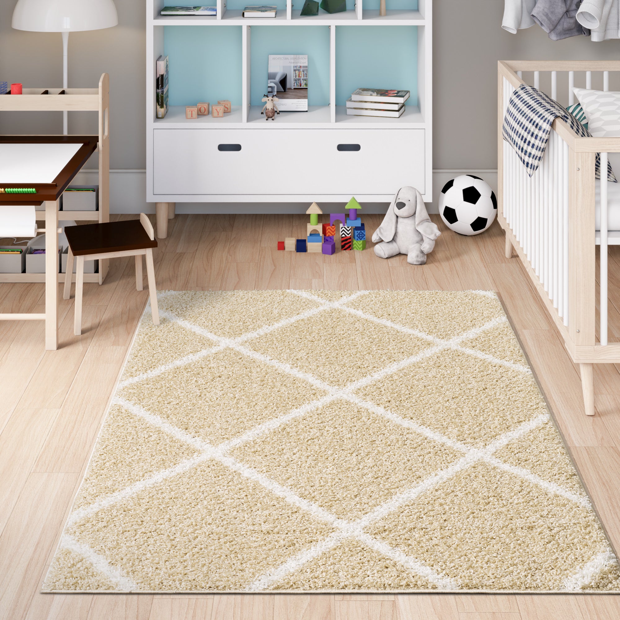 Shaggy Rug Lined Diamond Beige/Ivory