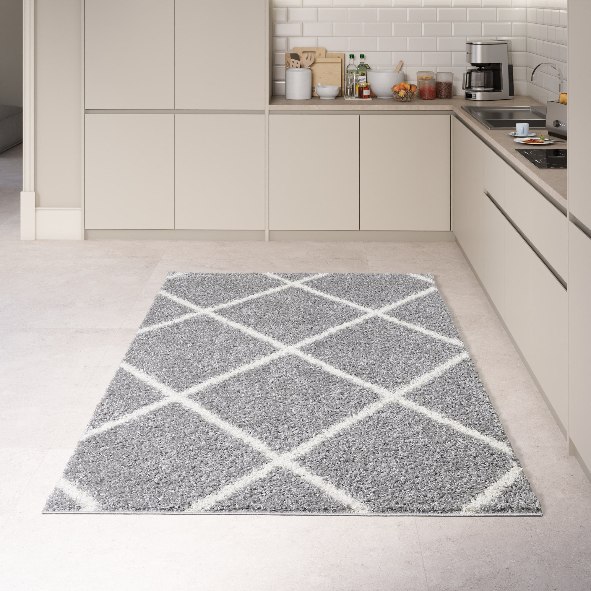 Shaggy Rug Lined Diamond Grey/Ivory