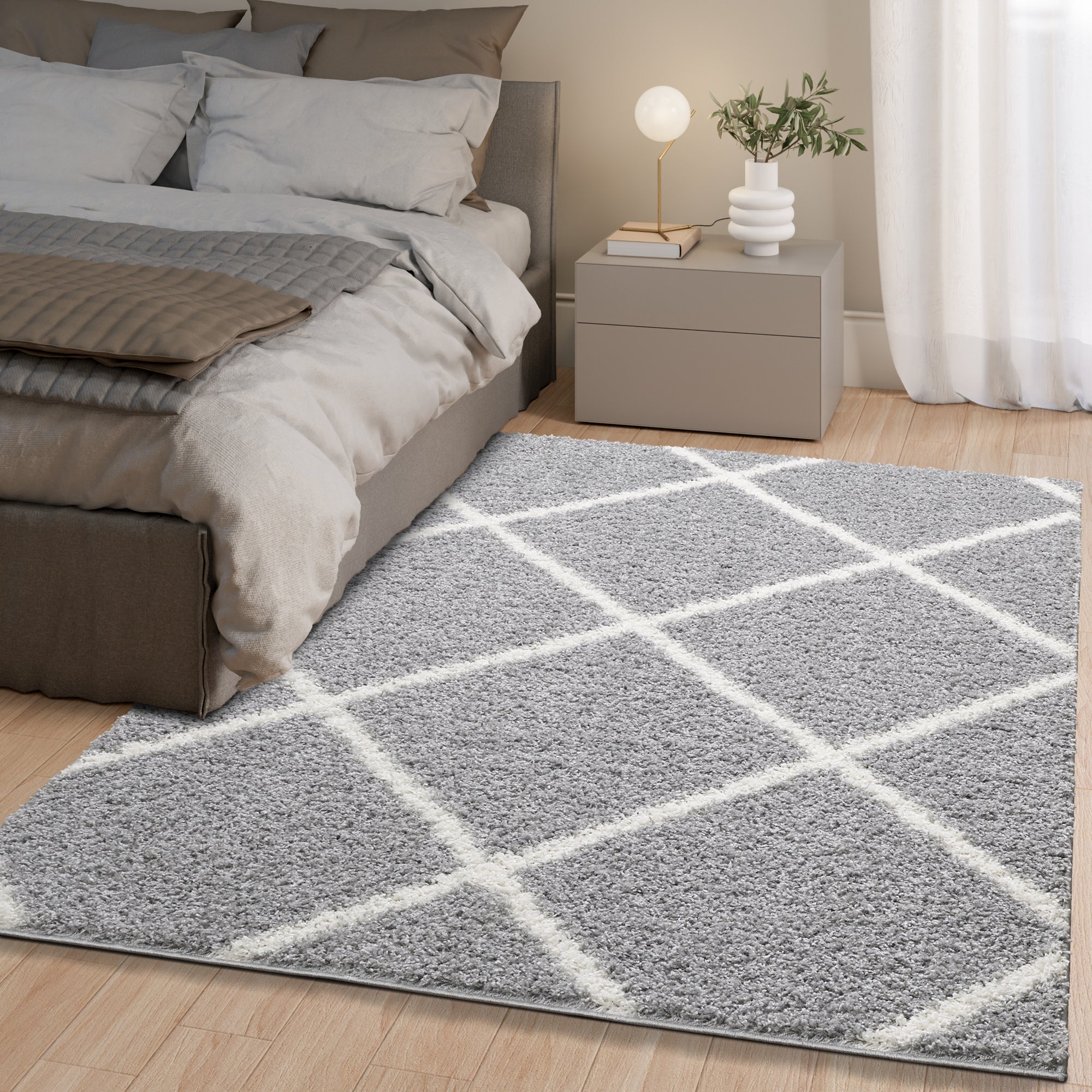 Shaggy Rug Lined Diamond Grey/Ivory