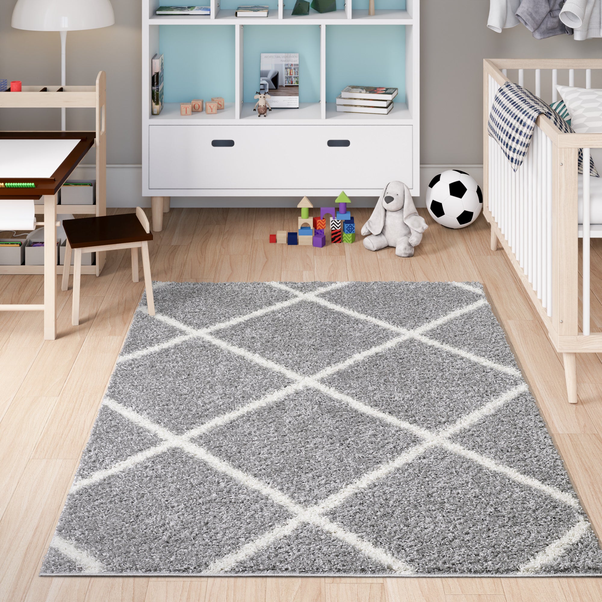 Shaggy Rug Lined Diamond Grey/Ivory