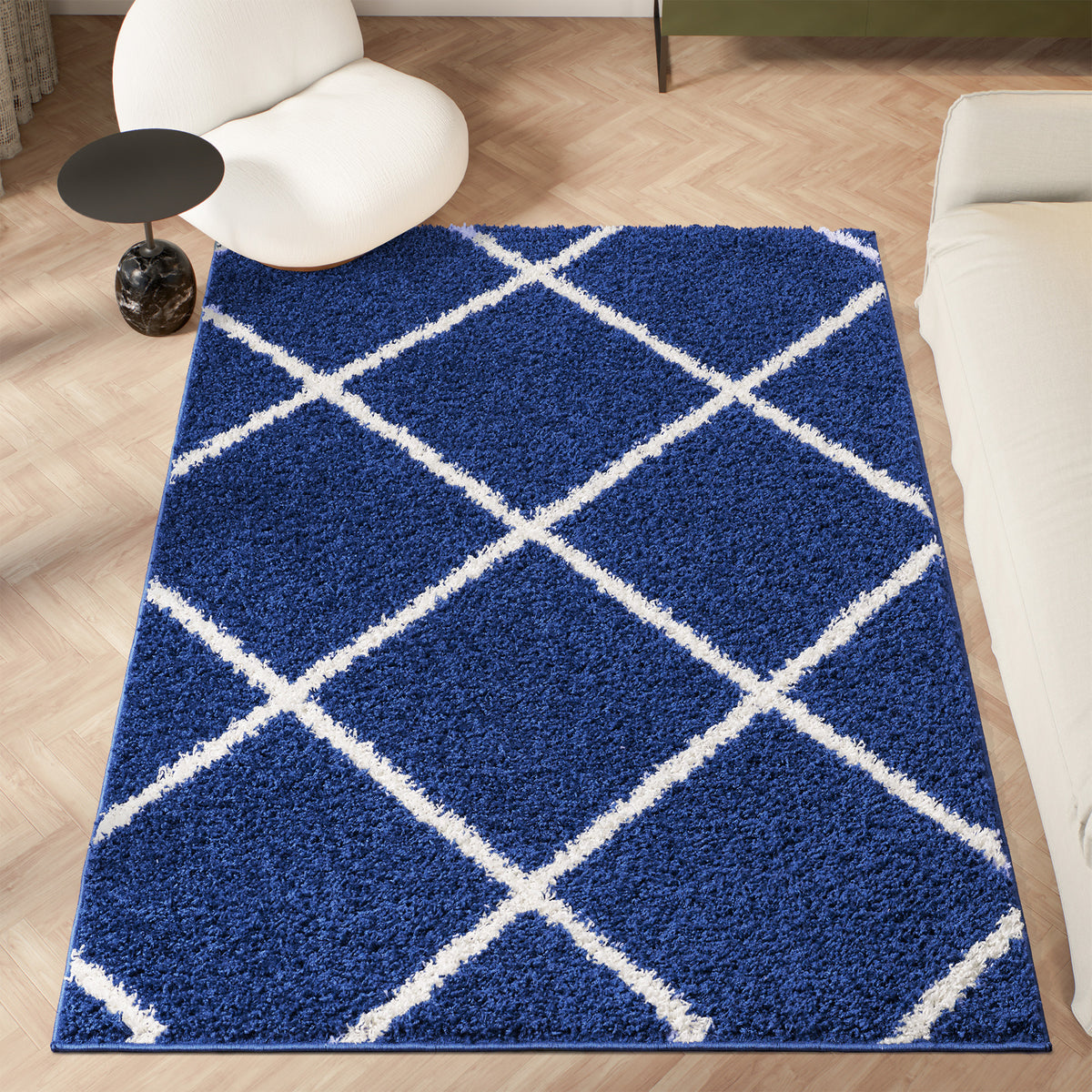 Shaggy Rug Lined Diamond Navy