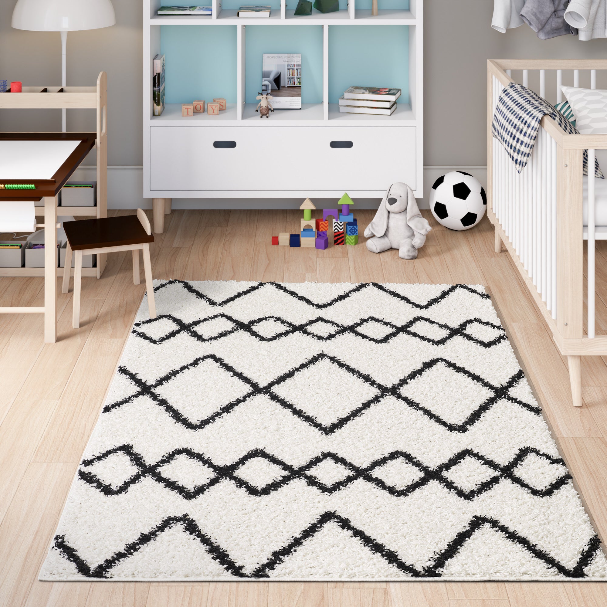 Shaggy Rug Lined Herringbone White/Black Line