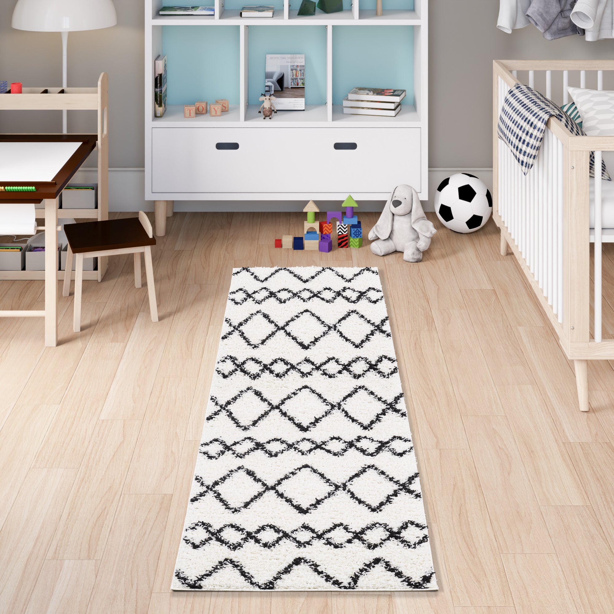 Shaggy Rug Lined Herringbone White/Black Line