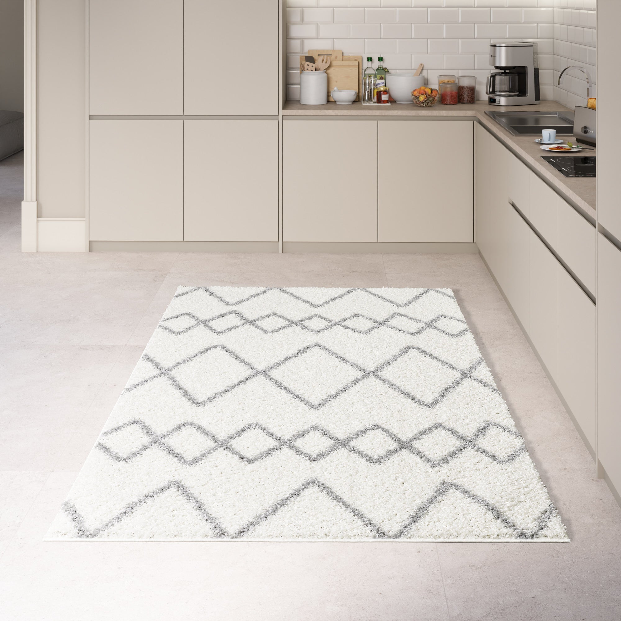 Shaggy Rug Lined Herringbone White