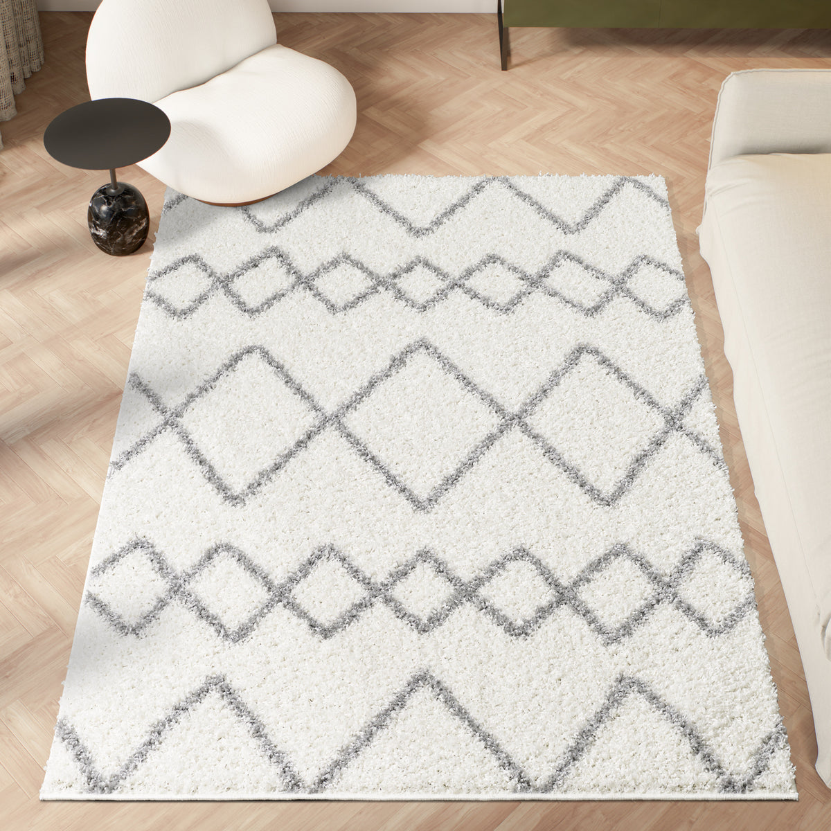 Shaggy Rug Lined Herringbone White