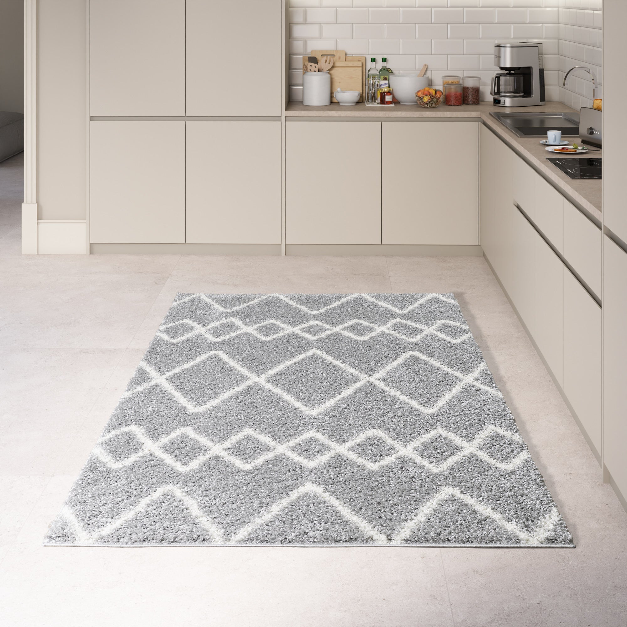 Shaggy Rug Lined Herringbone Grey/Ivory