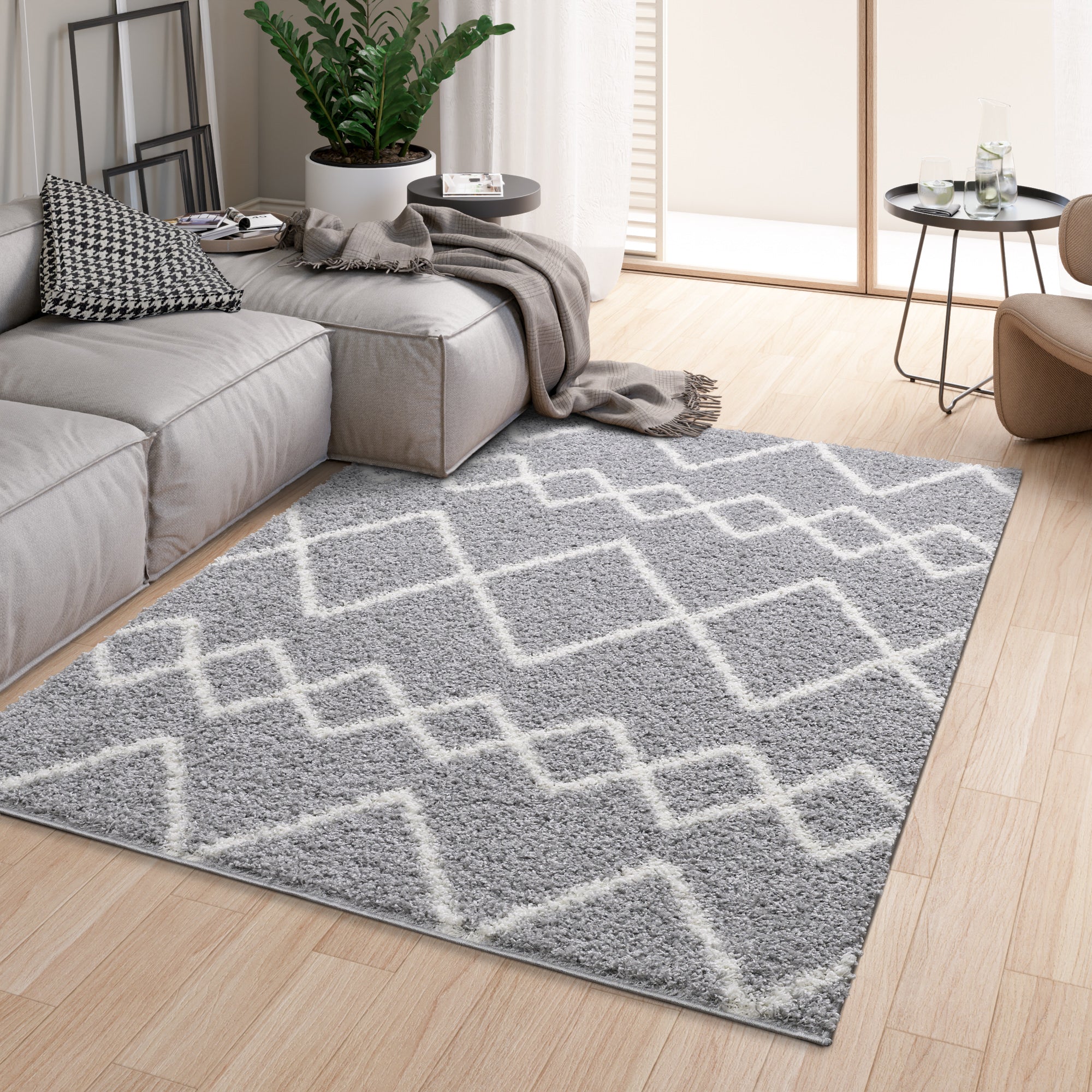 Shaggy Rug Lined Herringbone Grey/Ivory