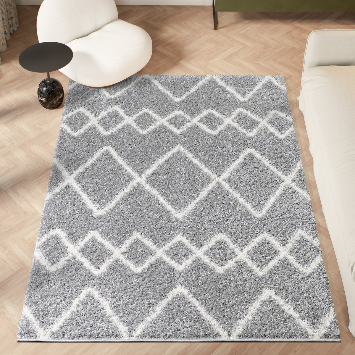 Shaggy Rug Lined Herringbone Grey/Ivory