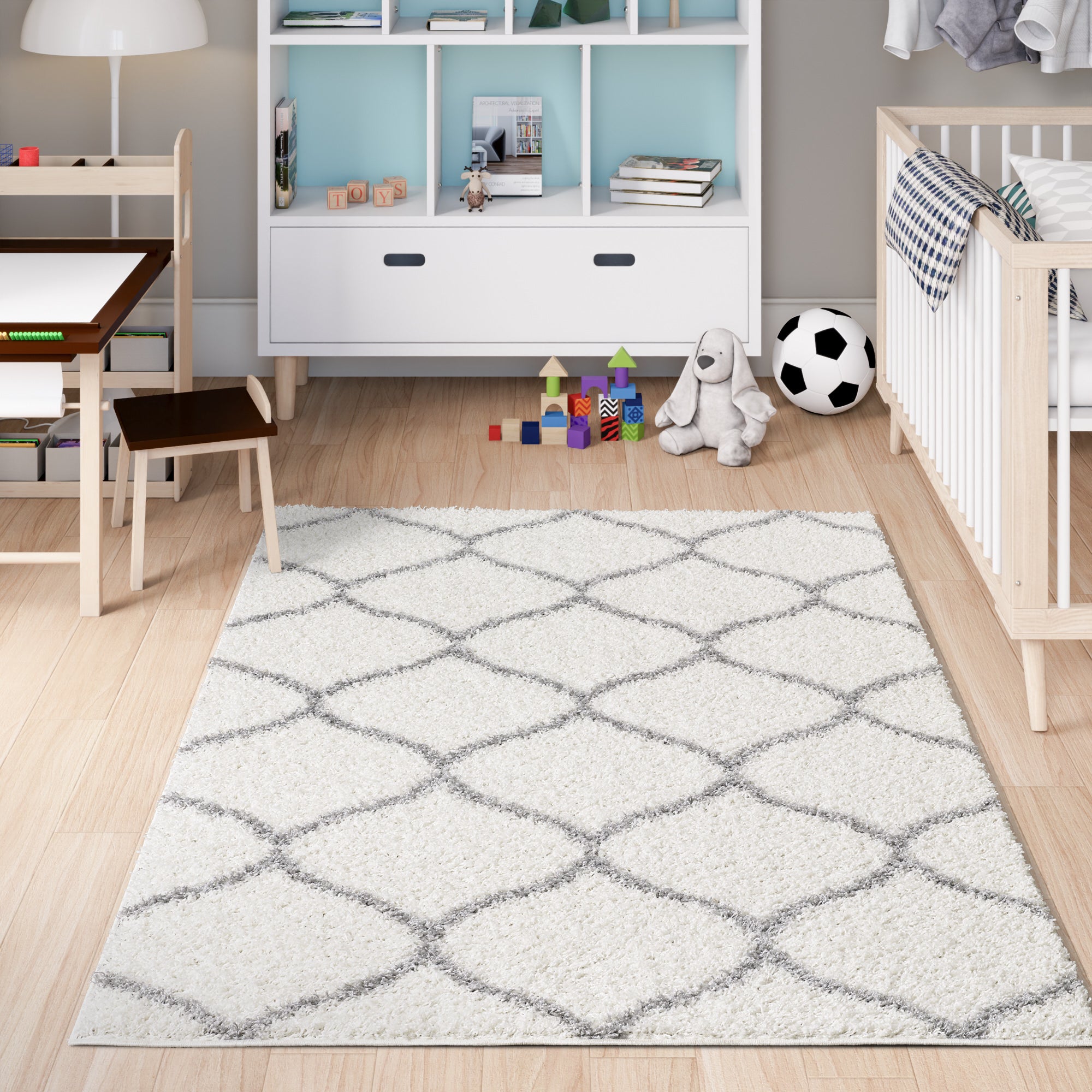 Shaggy Rug Lined Trellis Ivory/Grey