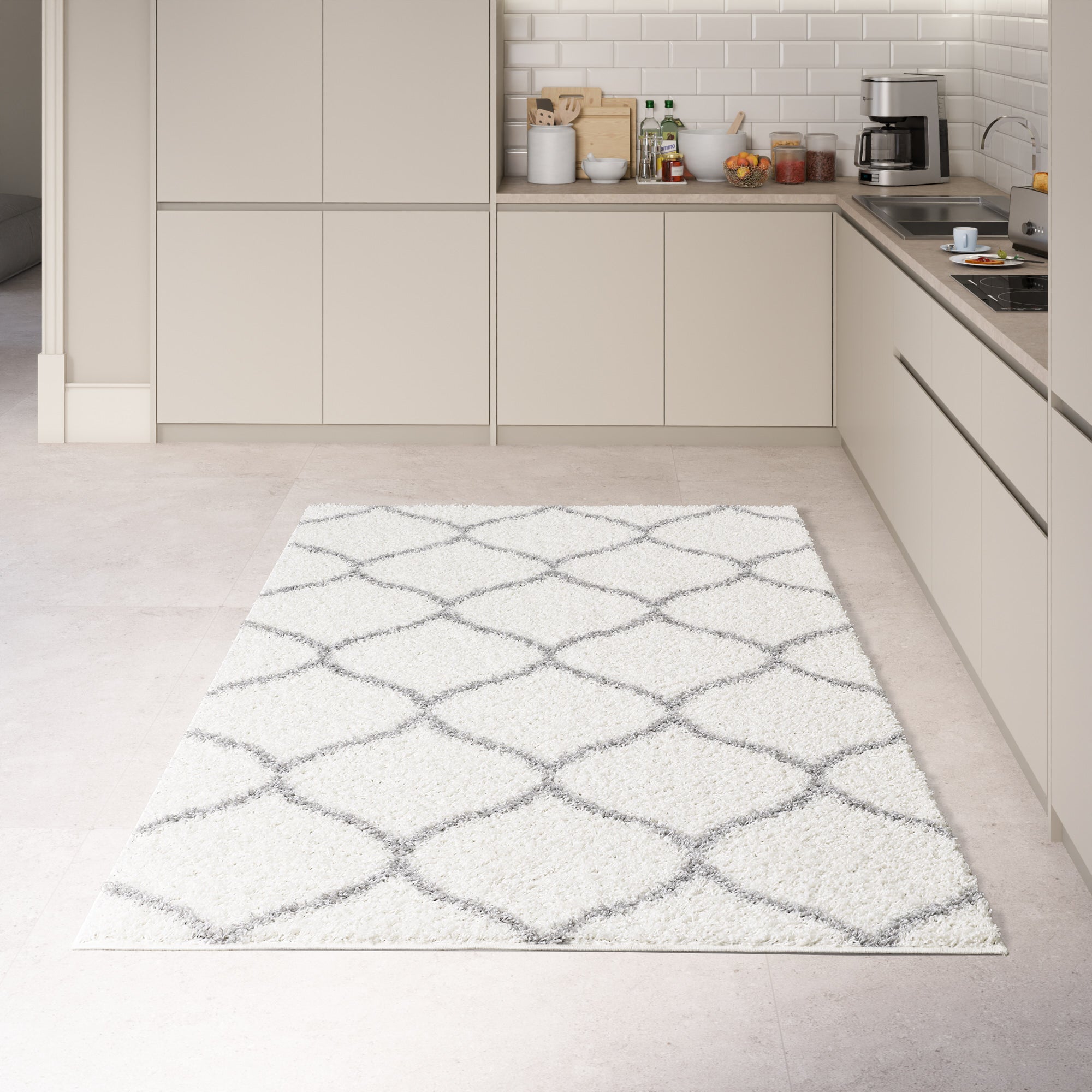 Shaggy Rug Lined Trellis Ivory/Grey