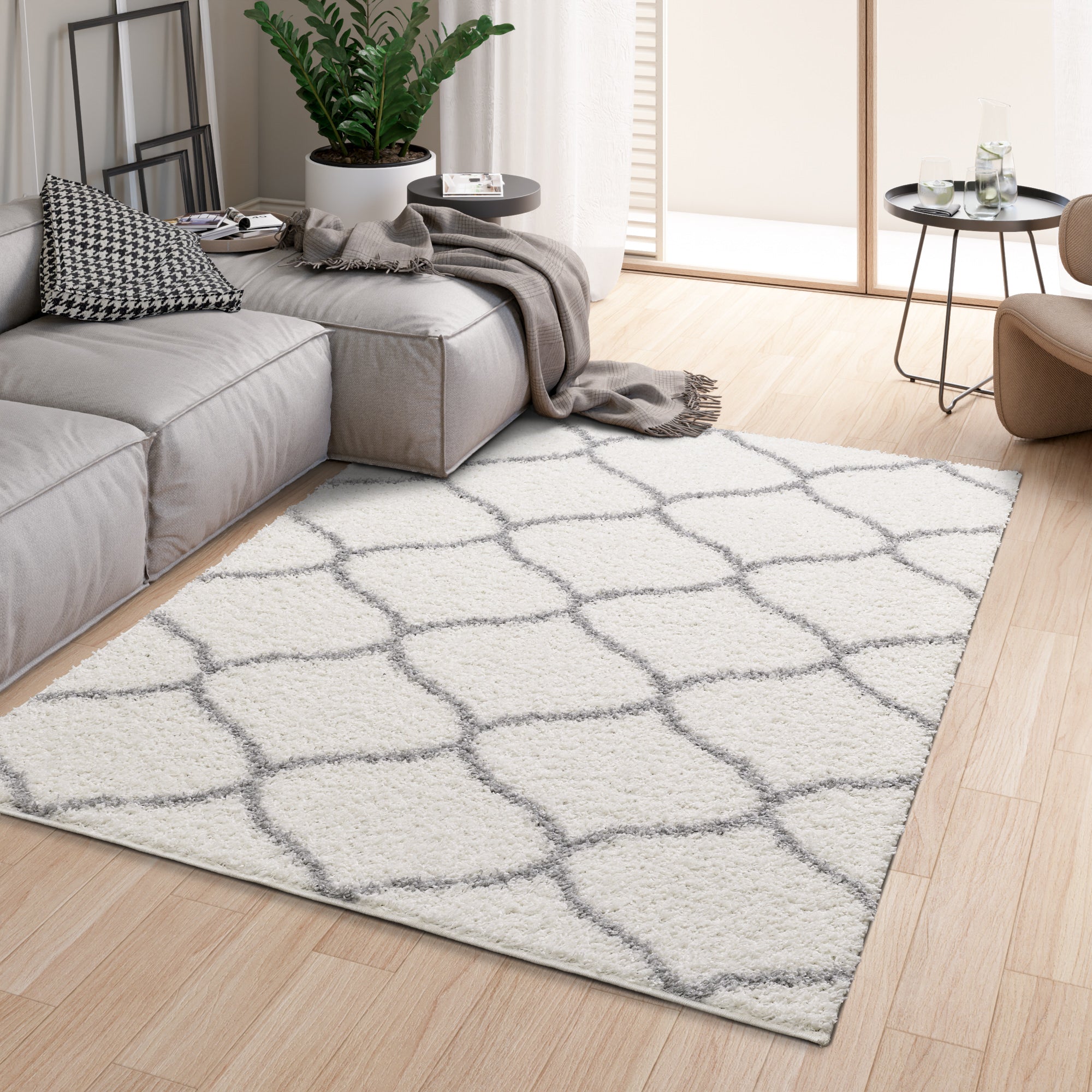 Shaggy Rug Lined Trellis Ivory/Grey