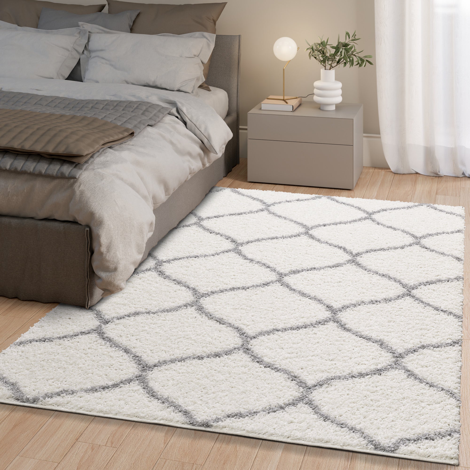 Shaggy Rug Lined Trellis Ivory/Grey