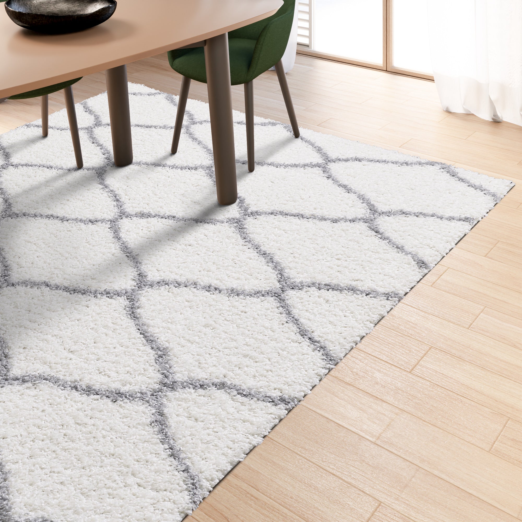 Shaggy Rug Lined Trellis Ivory/Grey