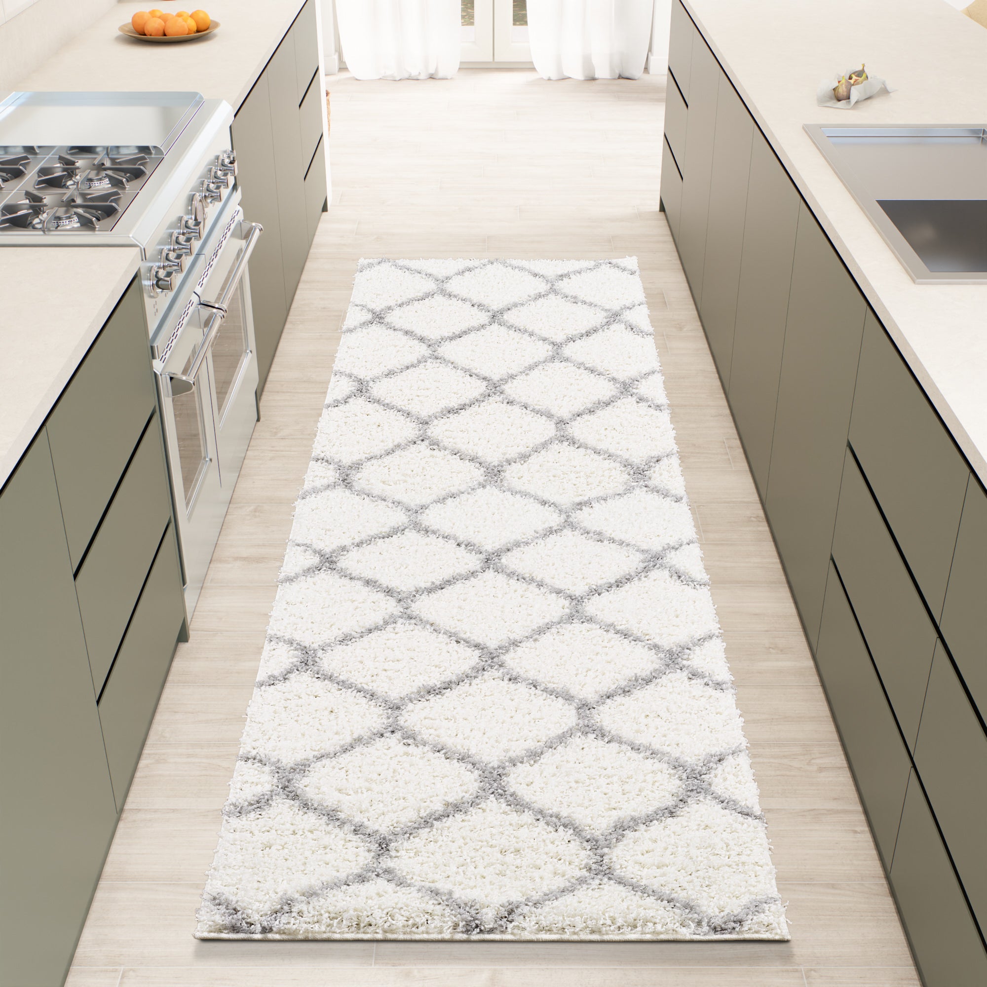 Shaggy Rug Lined Trellis Ivory/Grey