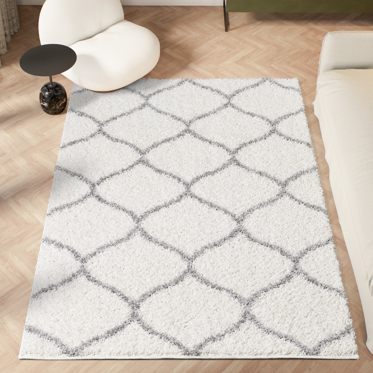 Shaggy Rug Lined Trellis Ivory/Grey