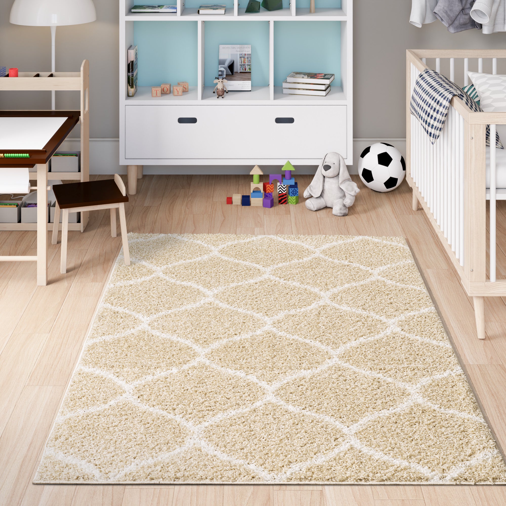 Shaggy Rug Lined Trellis Beige/Ivory