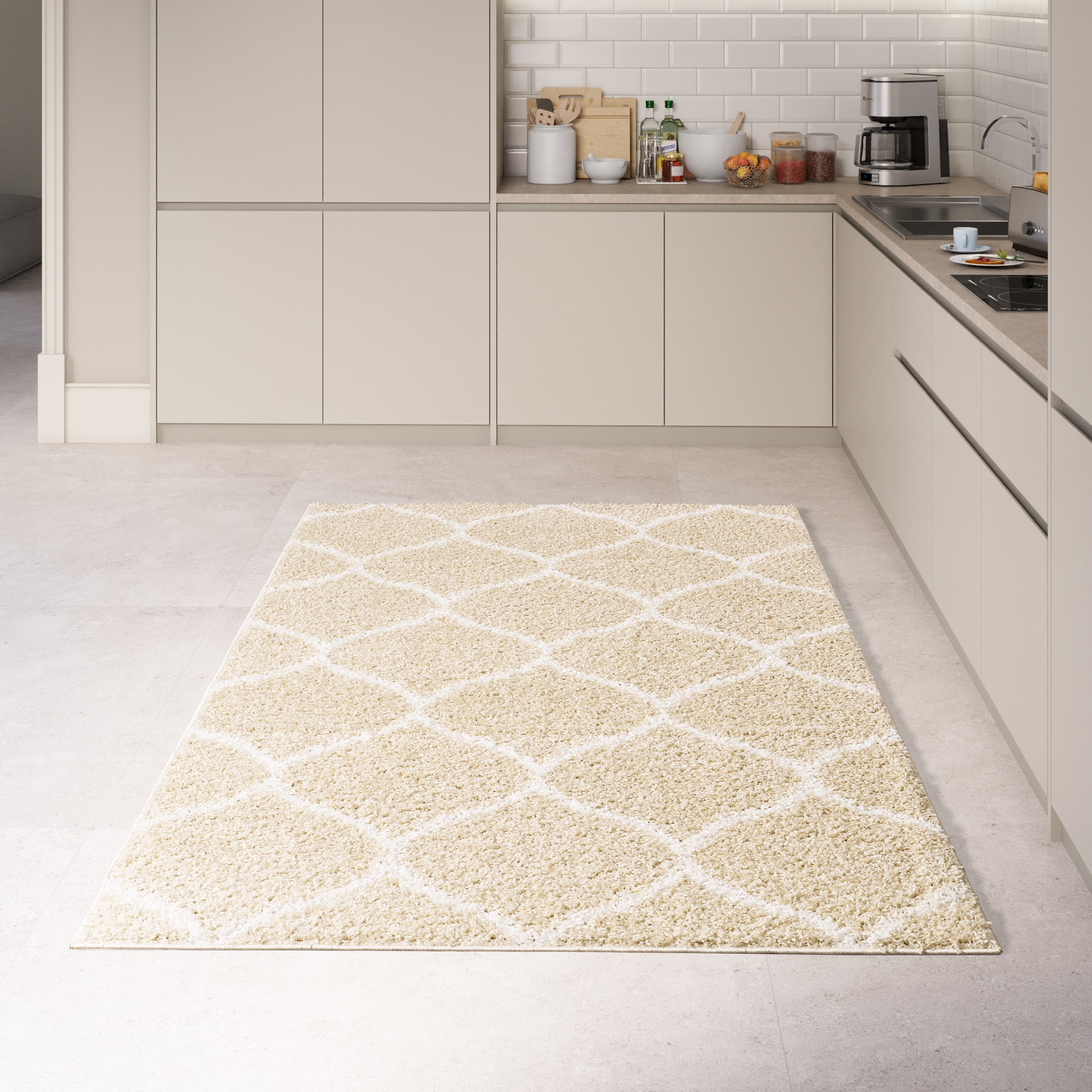 Shaggy Rug Lined Trellis Beige/Ivory