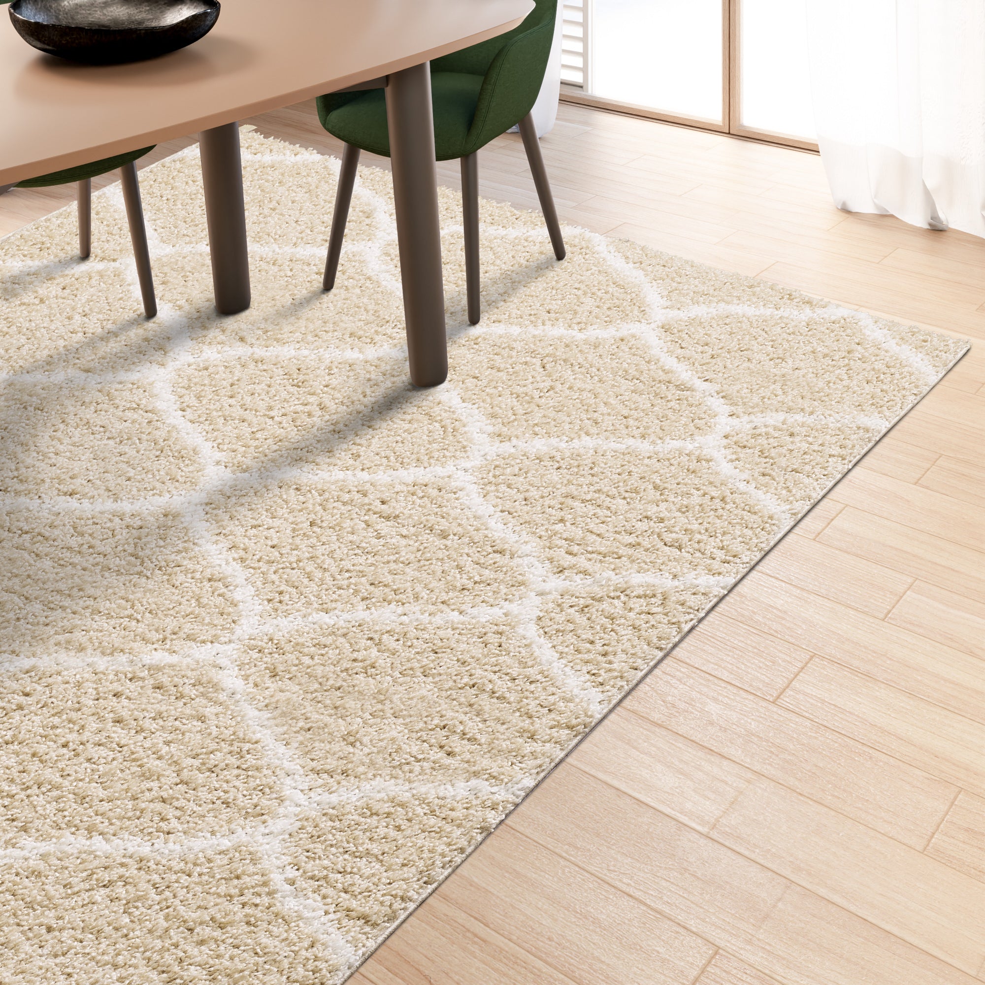 Shaggy Rug Lined Trellis Beige/Ivory