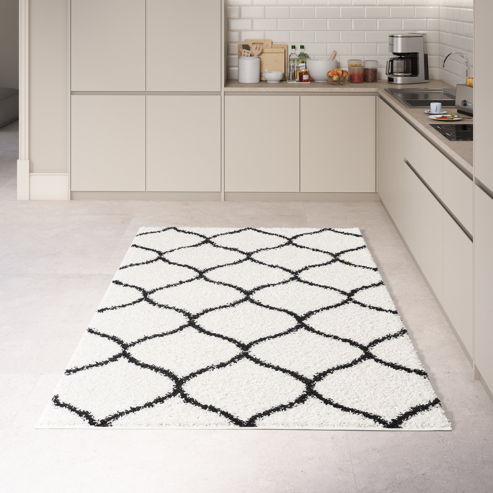 Shaggy Rug Lined Trellis Ivory/Black