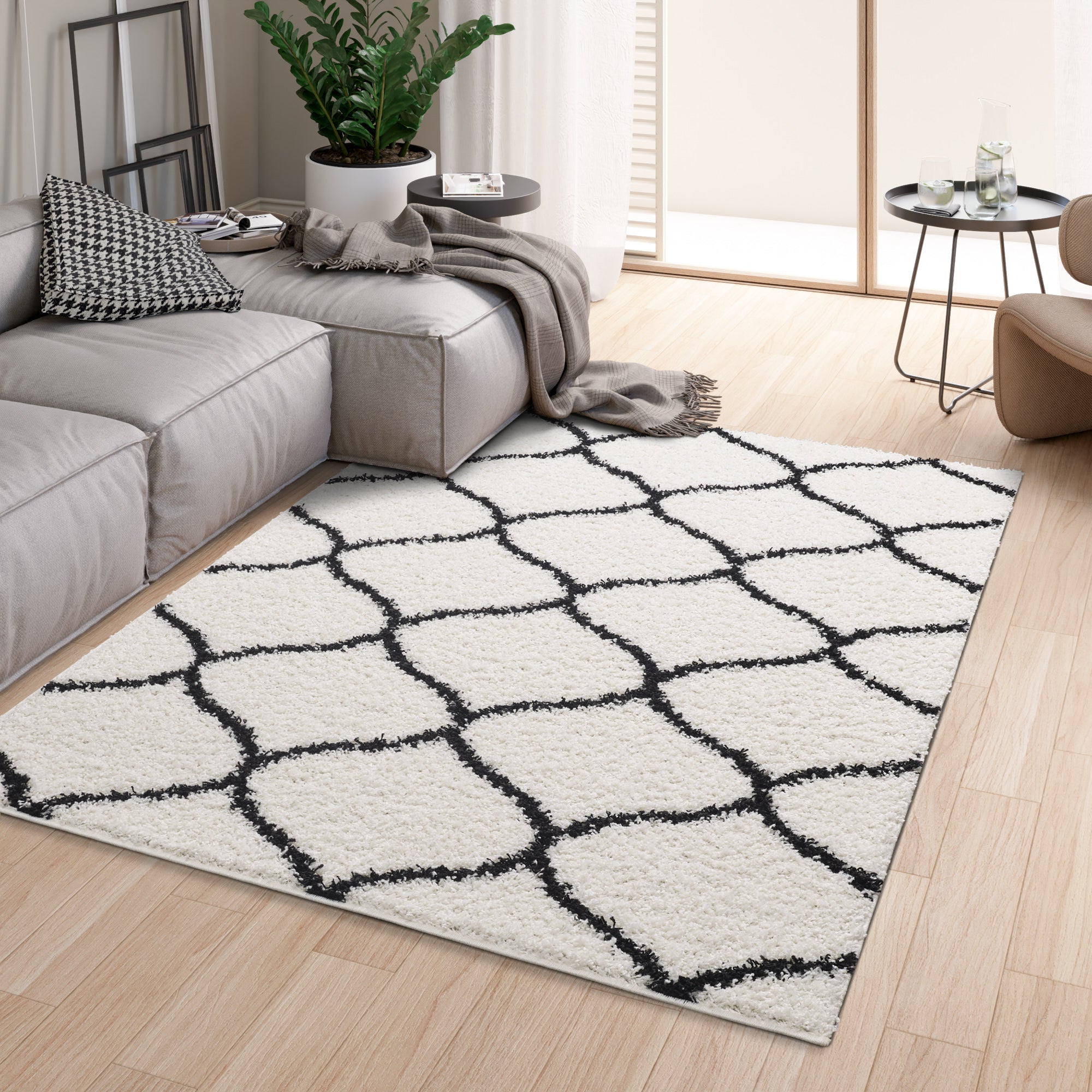 Shaggy Rug Lined Trellis Ivory/Black