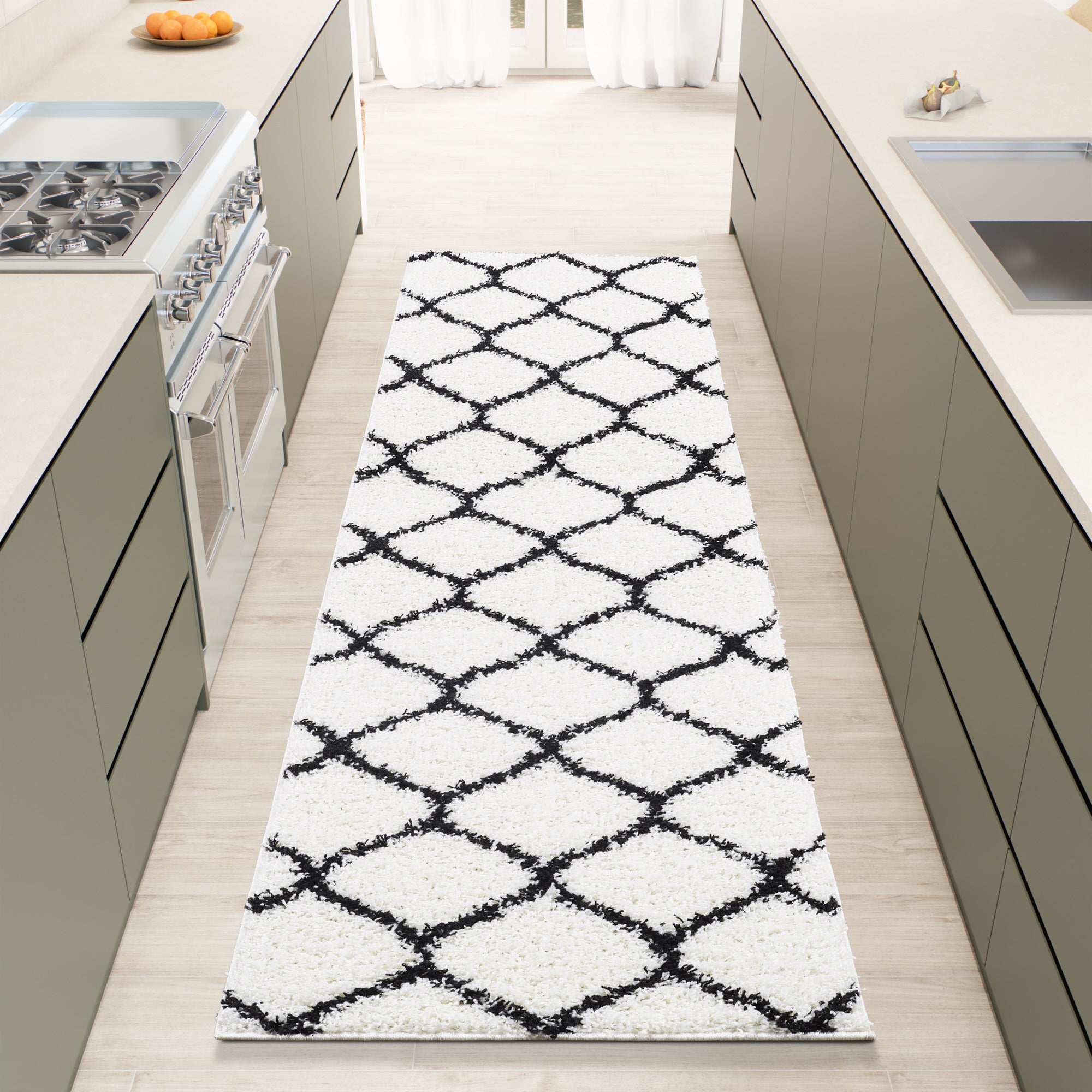 Shaggy Rug Lined Trellis Ivory/Black