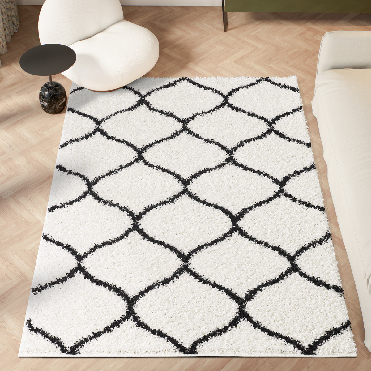 Shaggy Rug Lined Trellis Ivory/Black