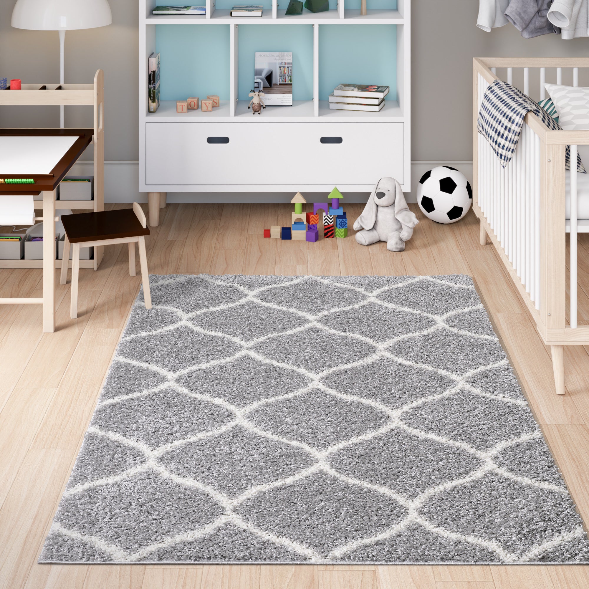 Shaggy Rug Lined Trellis Grey/Ivory