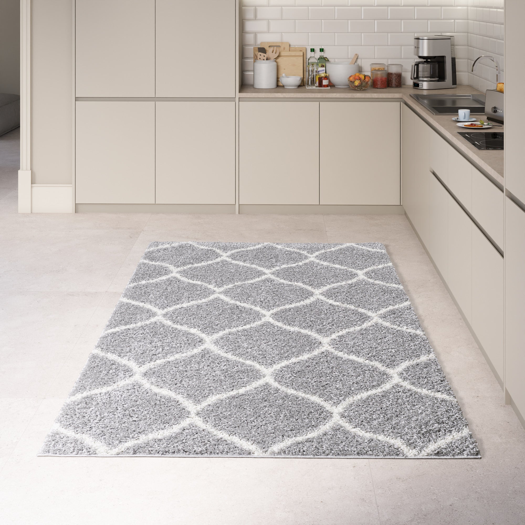 Shaggy Rug Lined Trellis Grey/Ivory